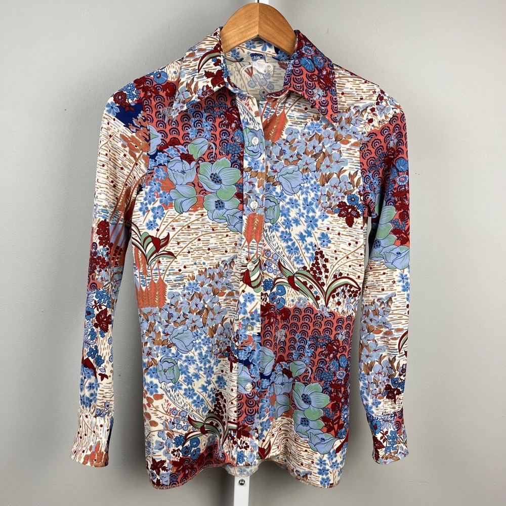 Vintage 60s Ship 'n Shore Floral Boho Shirt Top Womens 12 Bold Artsy Hippie - Picture 2 of 7